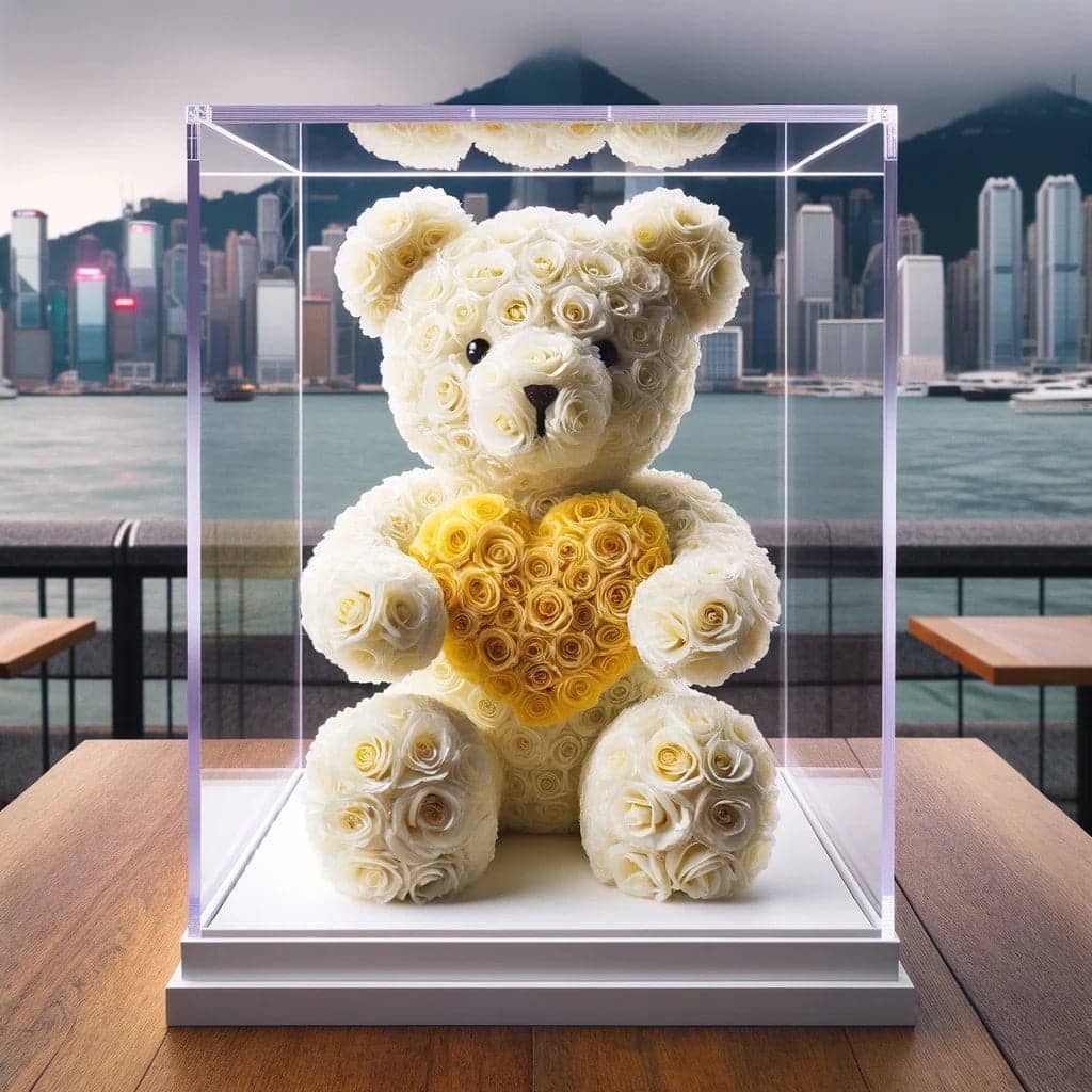 White Rose Bear with Yellow Roses Heart - Imaginary Worlds