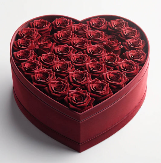 Wine Red Forever Roses in Heart-Shaped Velvet Box - Imaginary Worlds