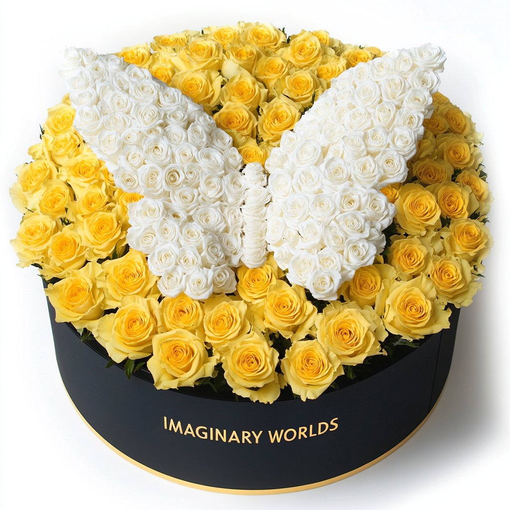 Yellow Ramo Buchon White Roses Butterfly - Imaginary Worlds