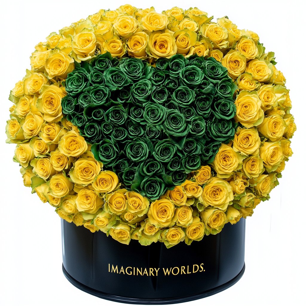 Yellow Ramo Buchon with Green Rose Heart - Imaginary Worlds