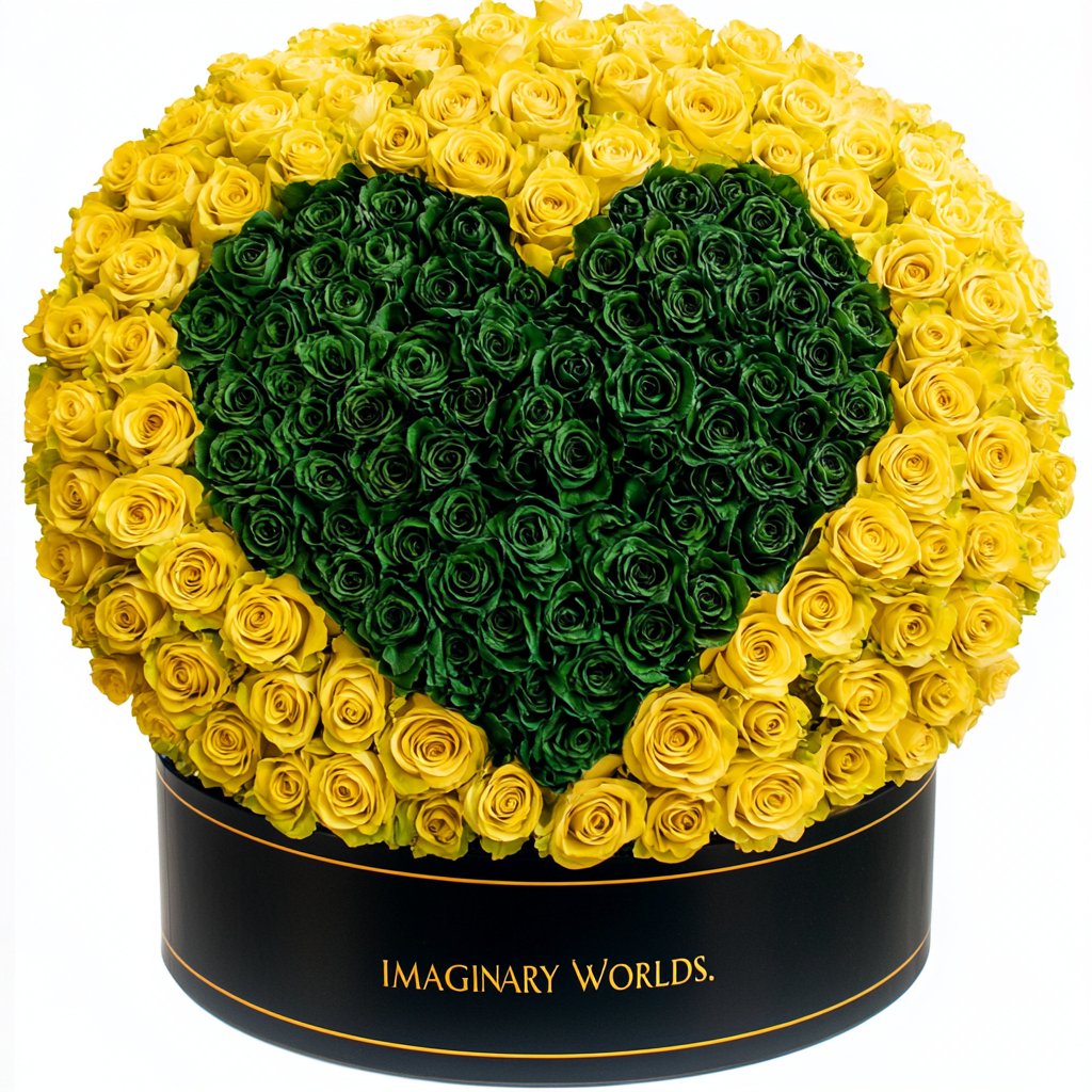 Yellow Ramo Buchon with Green Rose Heart - Imaginary Worlds