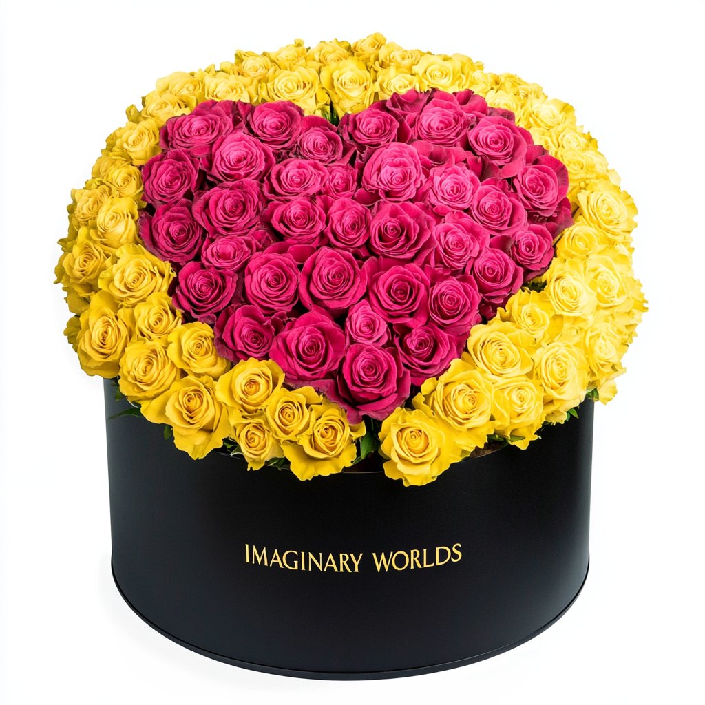 Yellow Ramo Buchon with Pink Rose Heart - Imaginary Worlds