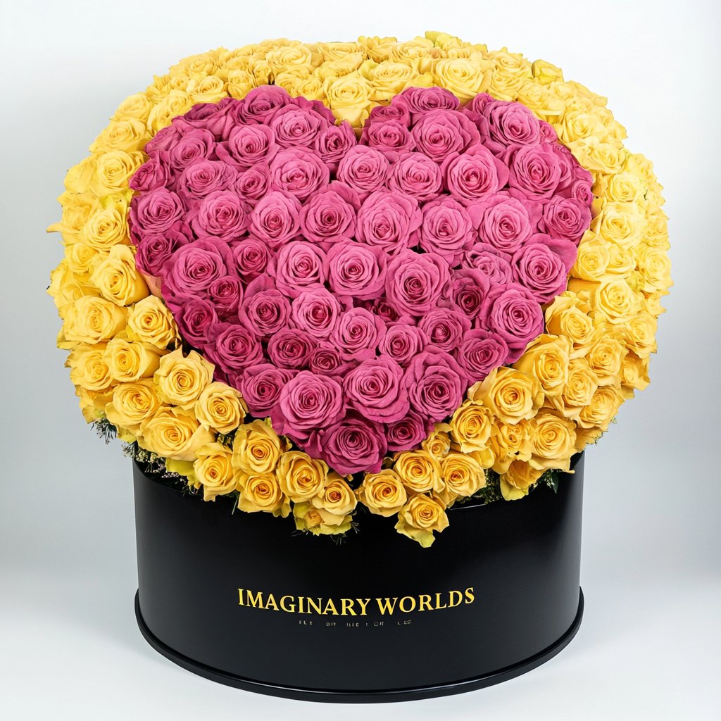 Yellow Ramo Buchon with Pink Rose Heart - Imaginary Worlds