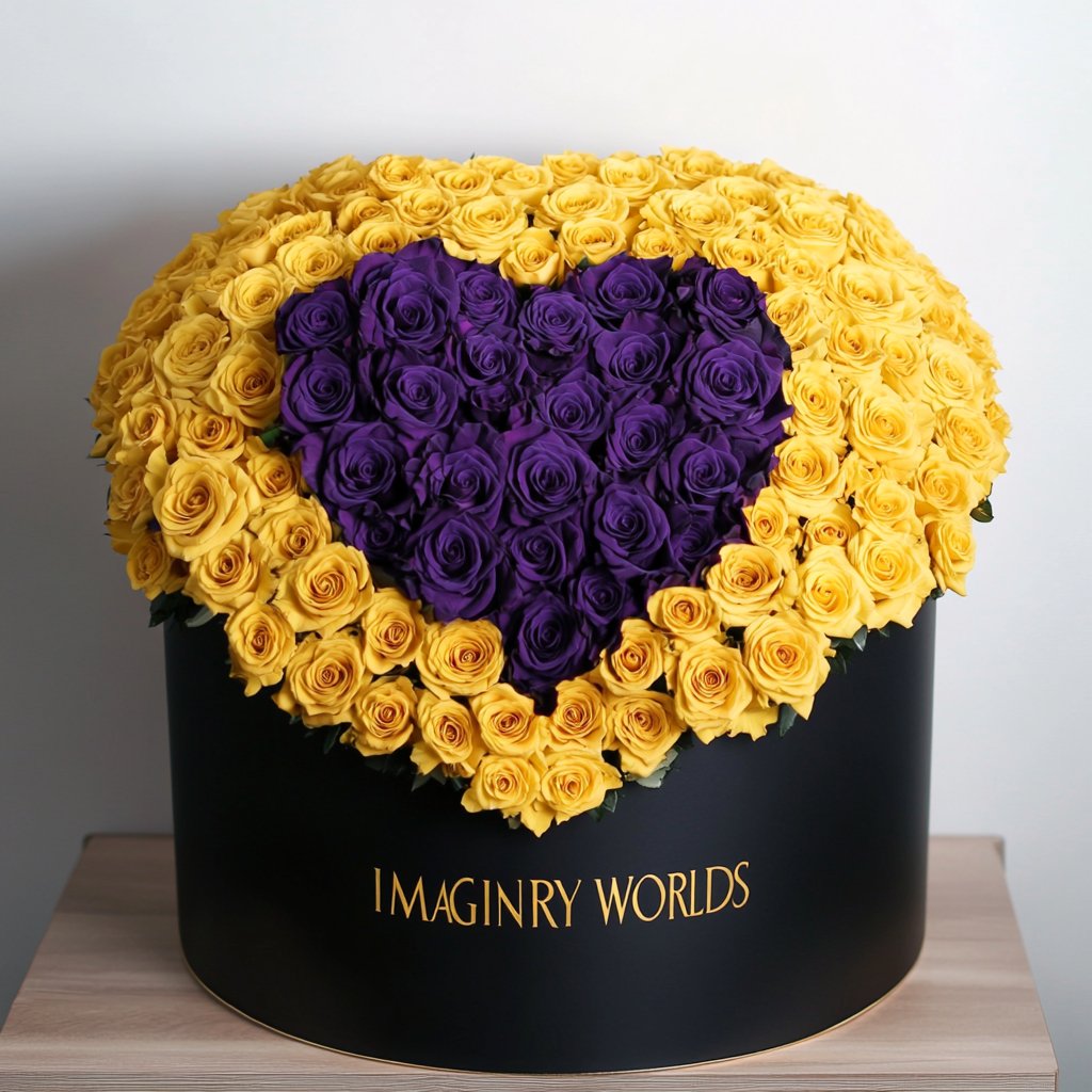 Yellow Ramo Buchon with Purple Rose Heart - Imaginary Worlds