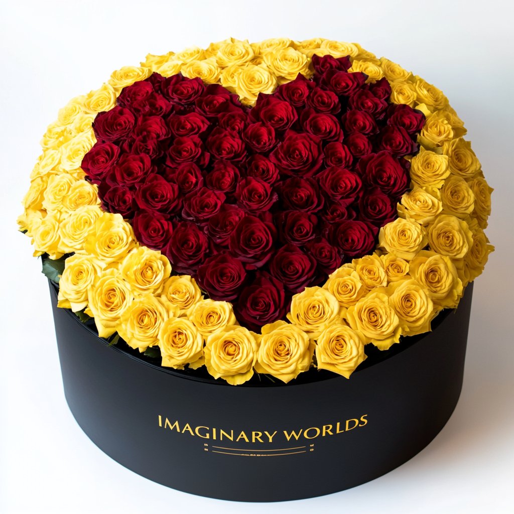 Yellow Ramo Buchon with Red Rose Heart - Imaginary Worlds