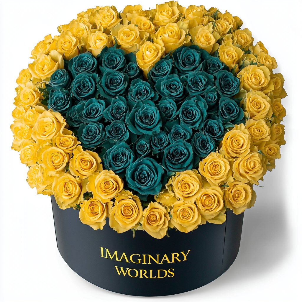 Yellow Ramo Buchon with Teal Rose Heart - Imaginary Worlds