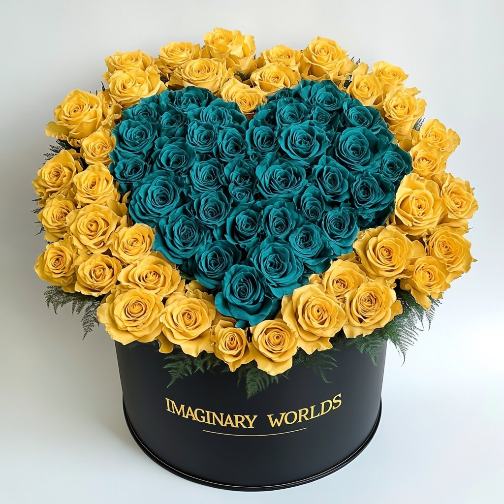 Yellow Ramo Buchon with Teal Rose Heart - Imaginary Worlds