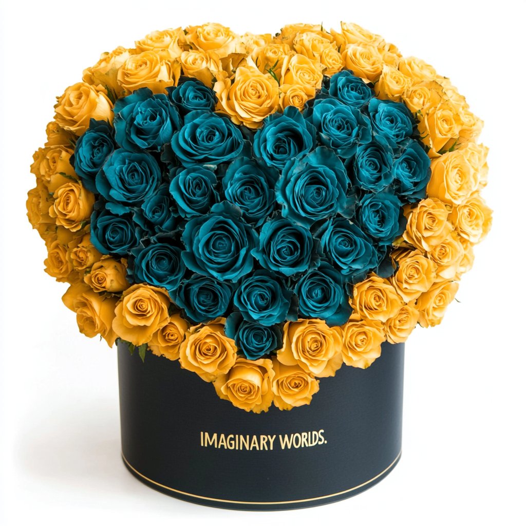 Yellow Ramo Buchon with Teal Rose Heart - Imaginary Worlds