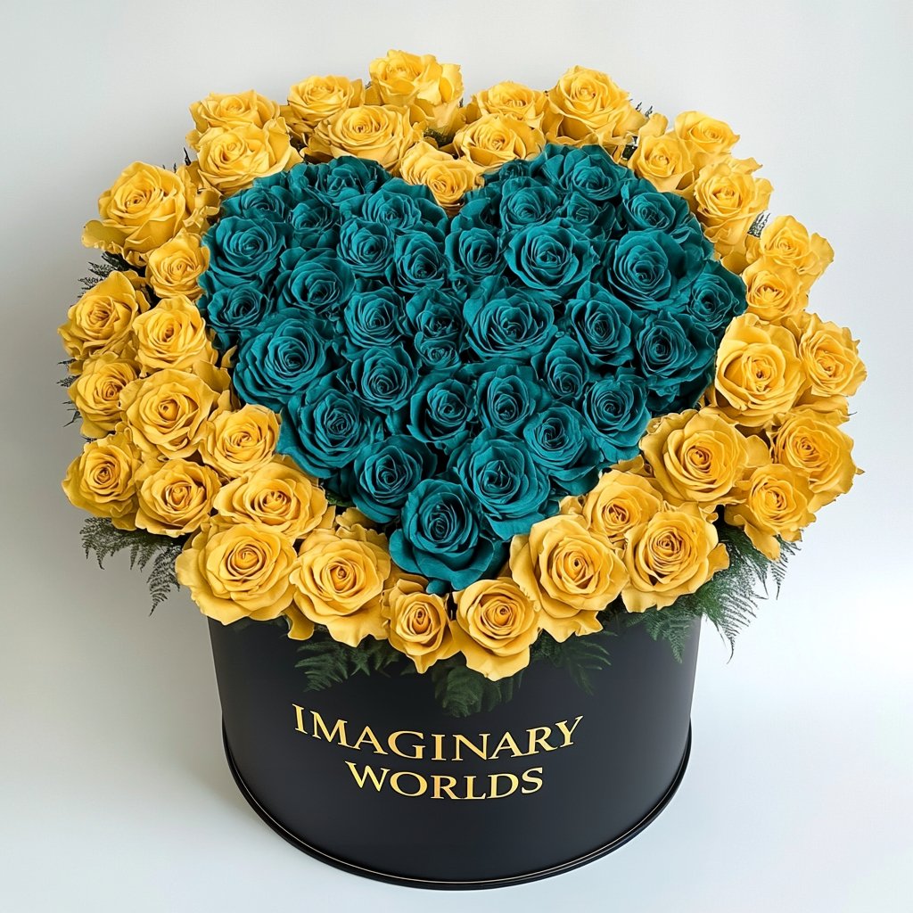 Yellow Ramo Buchon with Teal Rose Heart - Imaginary Worlds