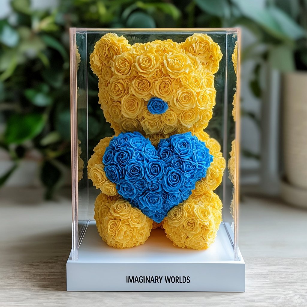 Yellow Rose Bear with Blue Roses Heart - Imaginary Worlds