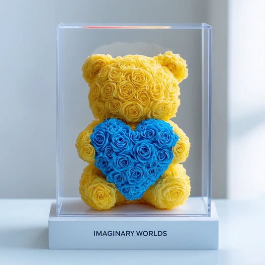 Yellow Rose Bear with Blue Roses Heart - Imaginary Worlds