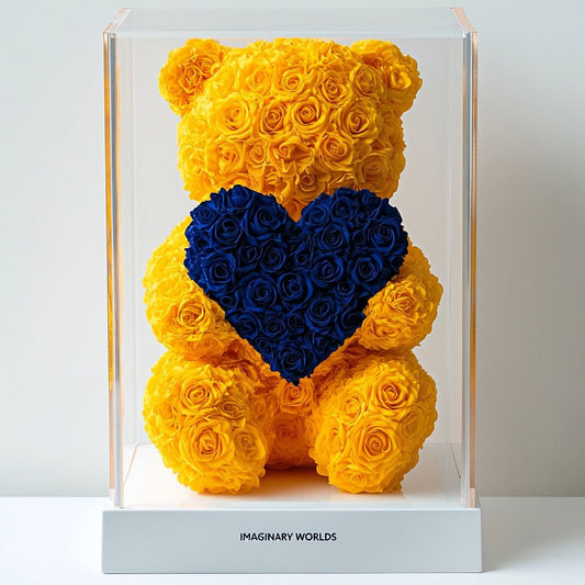 Yellow Rose Bear with Royal Blue Roses Heart - Imaginary Worlds