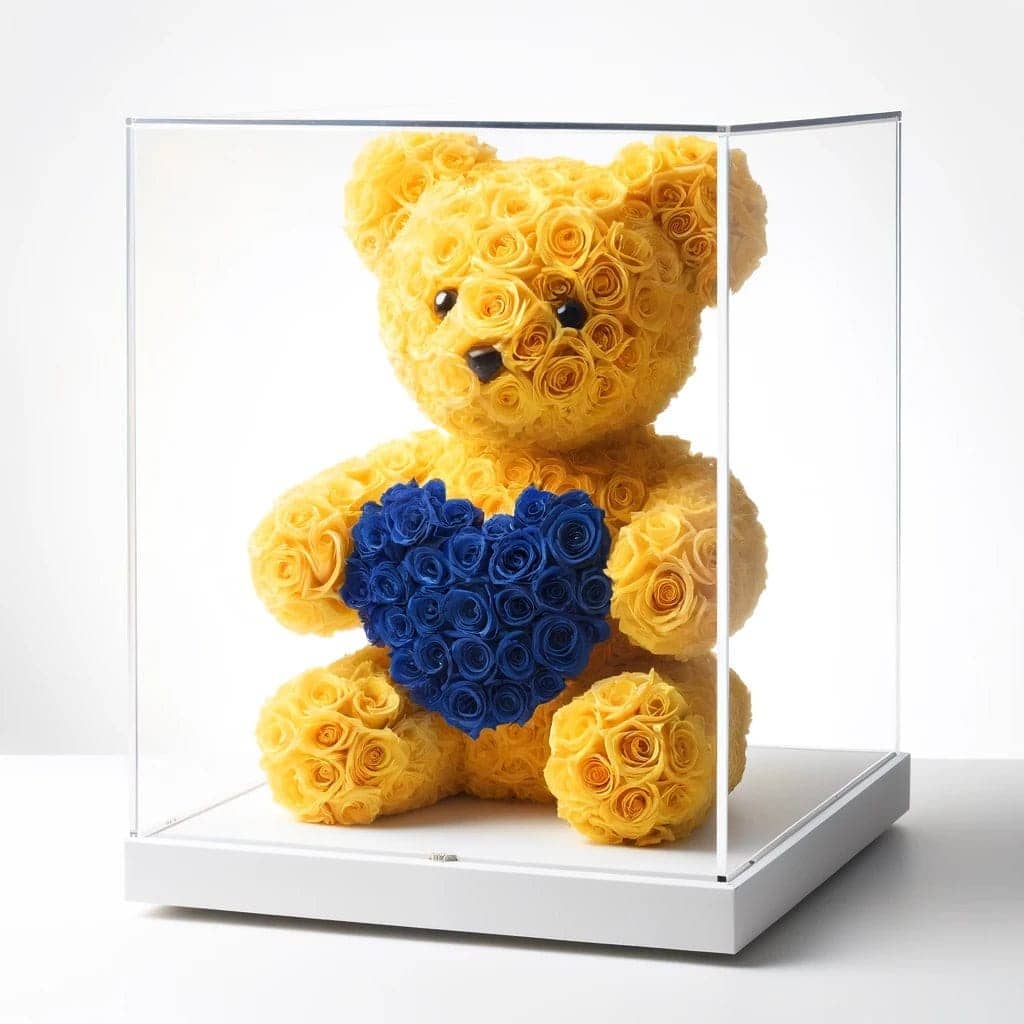 Yellow Rose Bear with Royal Blue Roses Heart - Imaginary Worlds