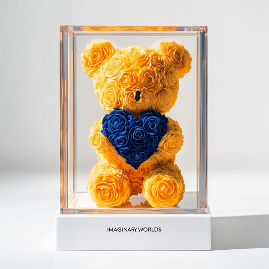 Yellow Rose Bear with Royal Blue Roses Heart - Imaginary Worlds