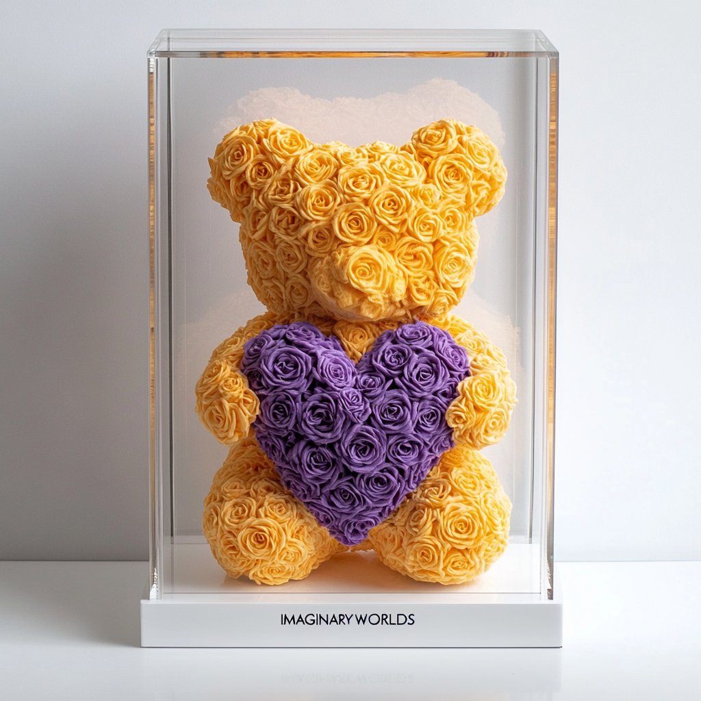 Yellow Rose Bear with Royal Purple Roses Heart - Imaginary Worlds