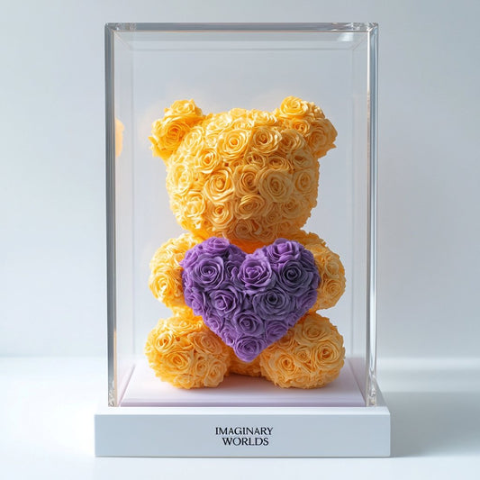 Yellow Rose Bear with Royal Purple Roses Heart - Imaginary Worlds