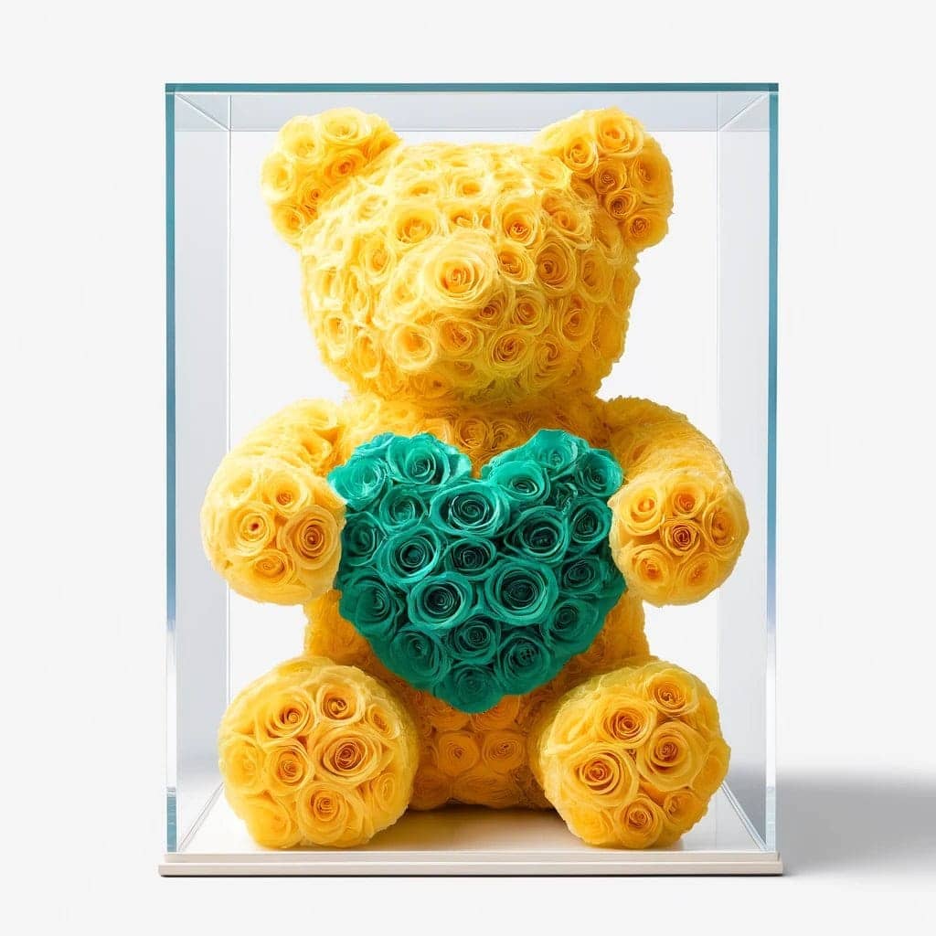 Yellow Rose Bear with Teal Roses Heart - Imaginary Worlds