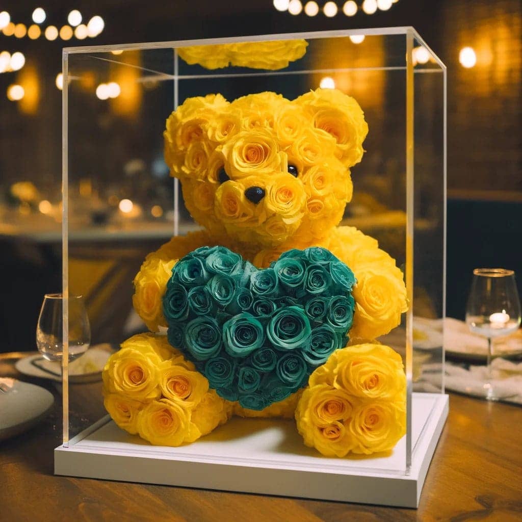 Yellow Rose Bear with Teal Roses Heart - Imaginary Worlds