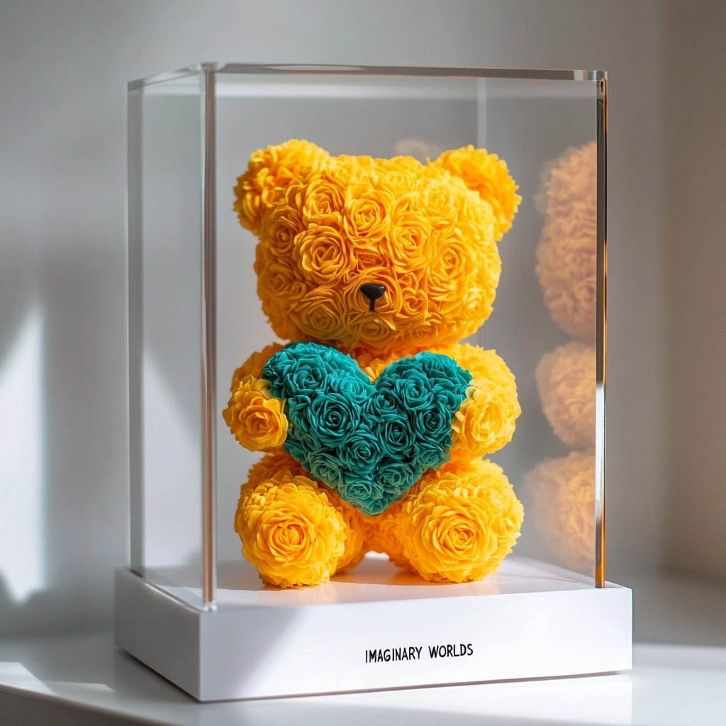 Yellow Rose Bear with Teal Roses Heart - Imaginary Worlds