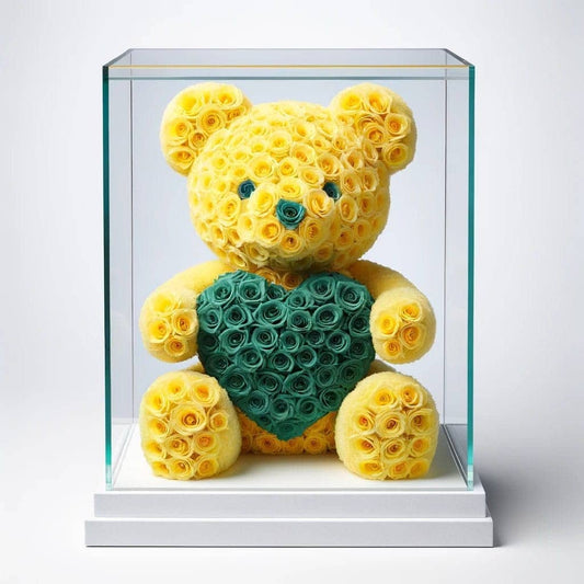 Yellow Rose Bear with Teal Roses Heart - Imaginary Worlds