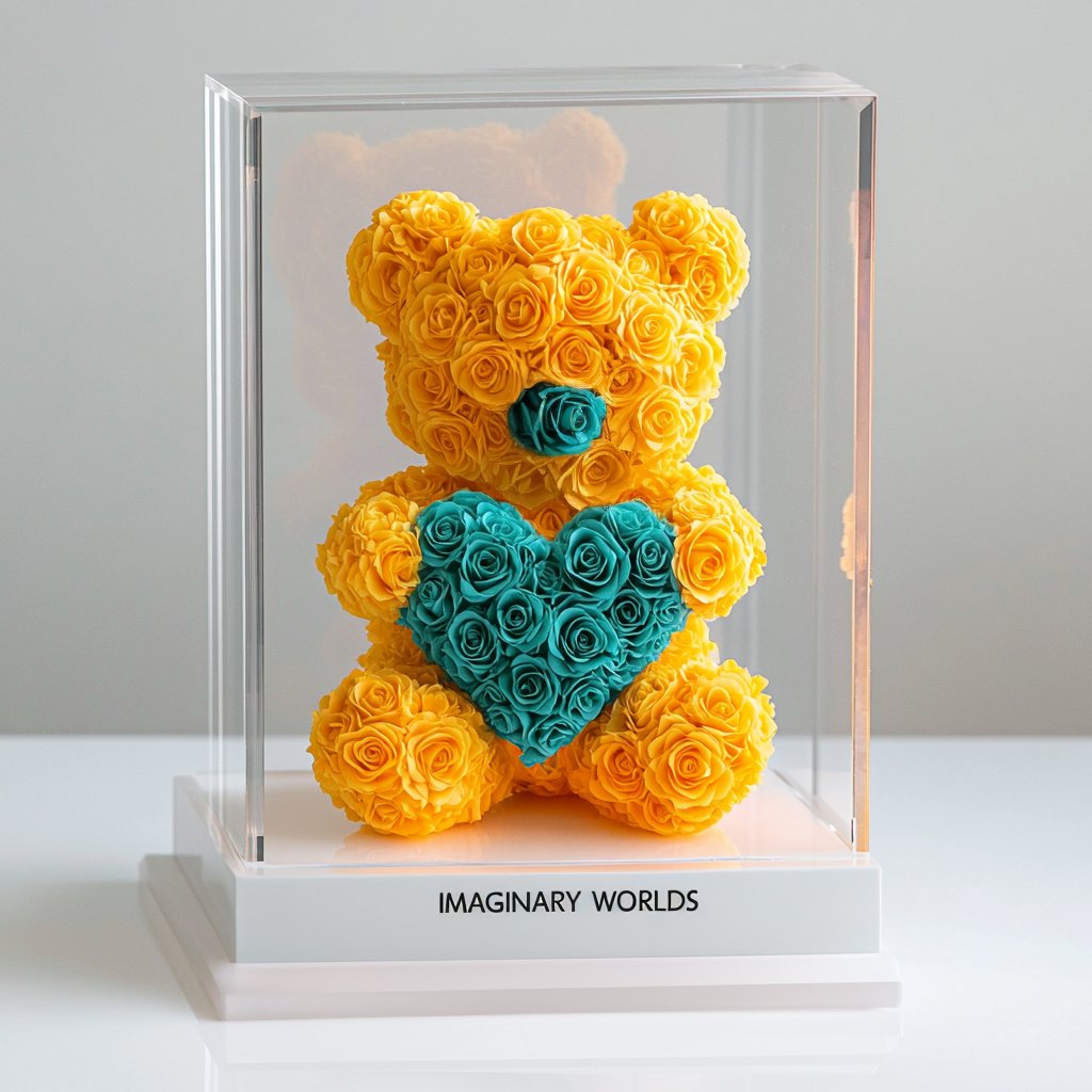 Yellow Rose Bear with Teal Roses Heart - Imaginary Worlds